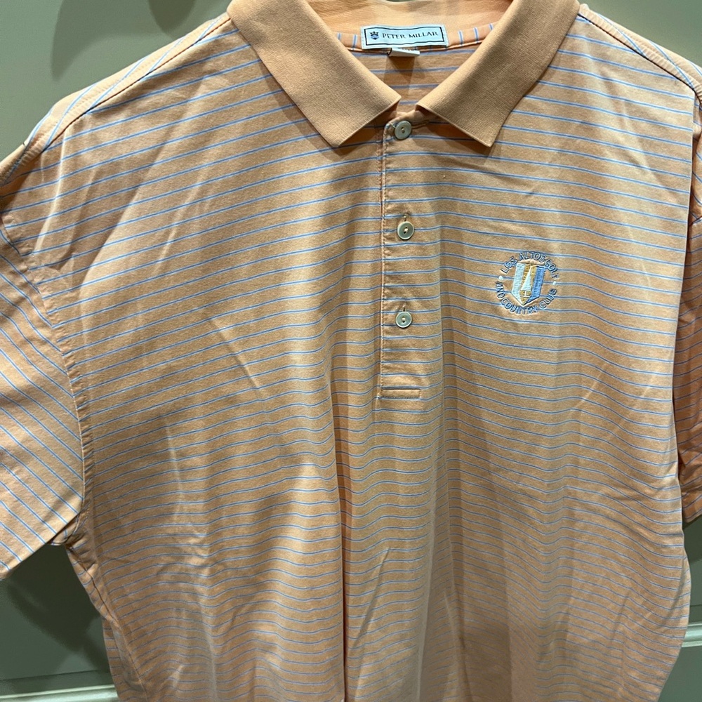 Peter Millar Men's Peach and Blue Striped Polo Shirt